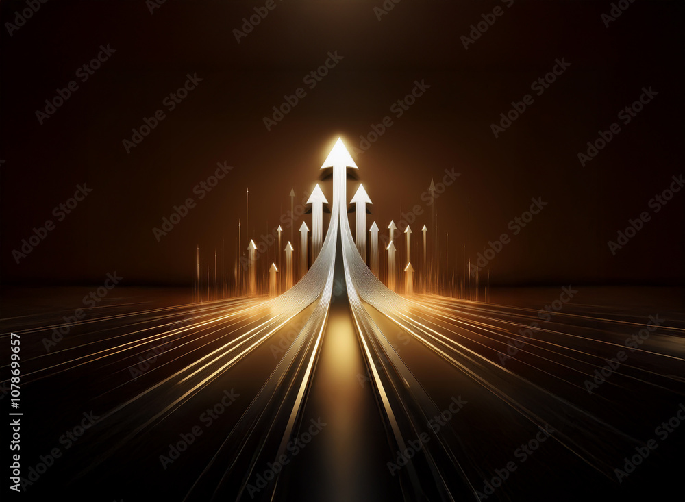Poster Multiple glowing white arrows point upward from a dark background, symbolizing growth and progress.