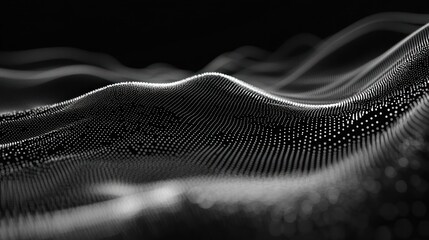 Abstract digital wave pattern, black and white background.