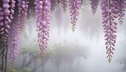 wisteria flowers hanging over a misty, blurred background