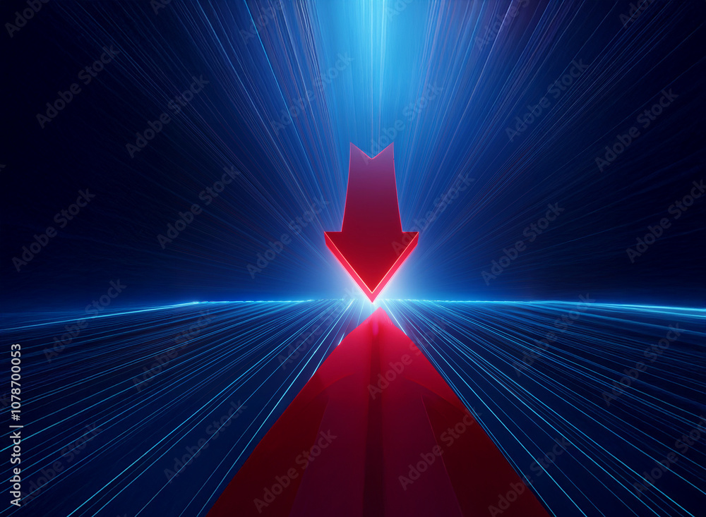 Aufkleber A red arrow points downward in a futuristic, blue and black, abstract background. The arrow appears to be resting on a flat plane.