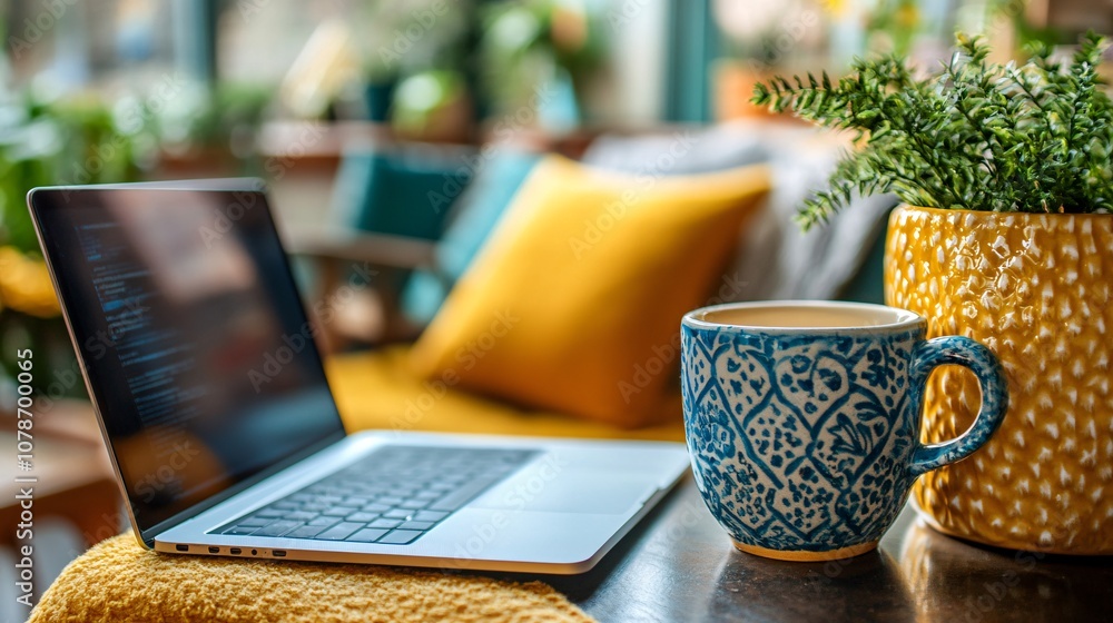 Poster modern home office setup with ergonomic desk chair laptop and coffee cup creating a productive work 