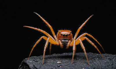 Fototapeta premium An orange spider stands on a black rock, its legs spread wide