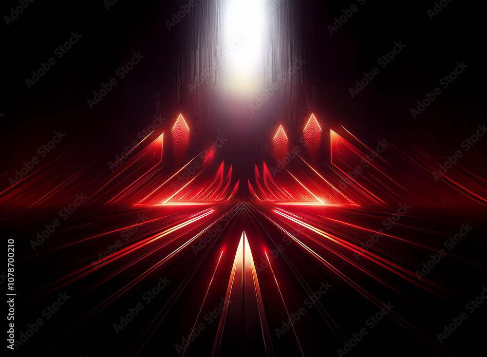 Aufkleber A dark, futuristic background with a bright, glowing light shining down on a symmetrical array of red, glowing lines and triangles.