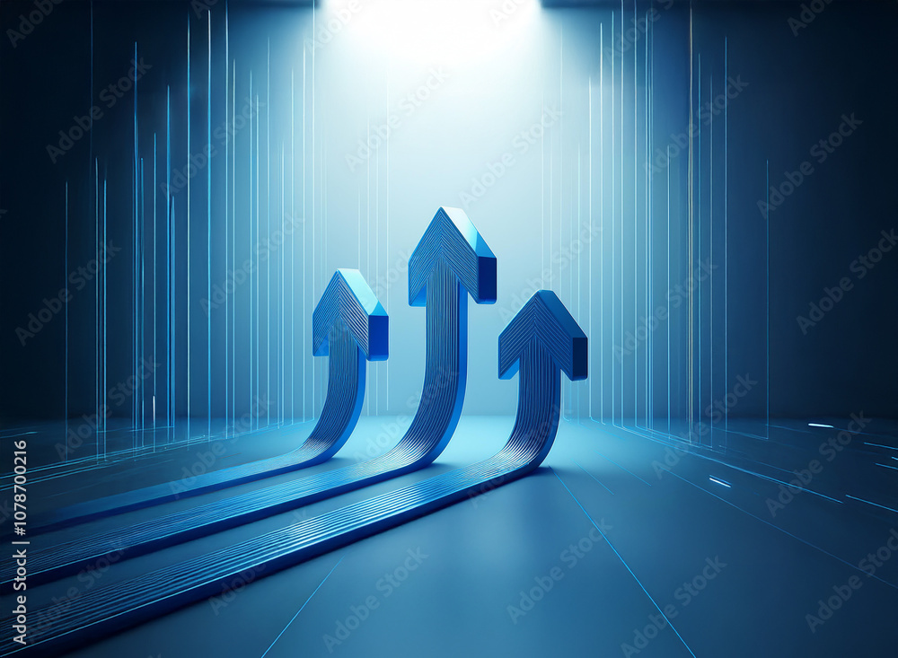 Aufkleber three blue arrows pointing upwards in a dark, abstract digital space illuminated by a bright light.