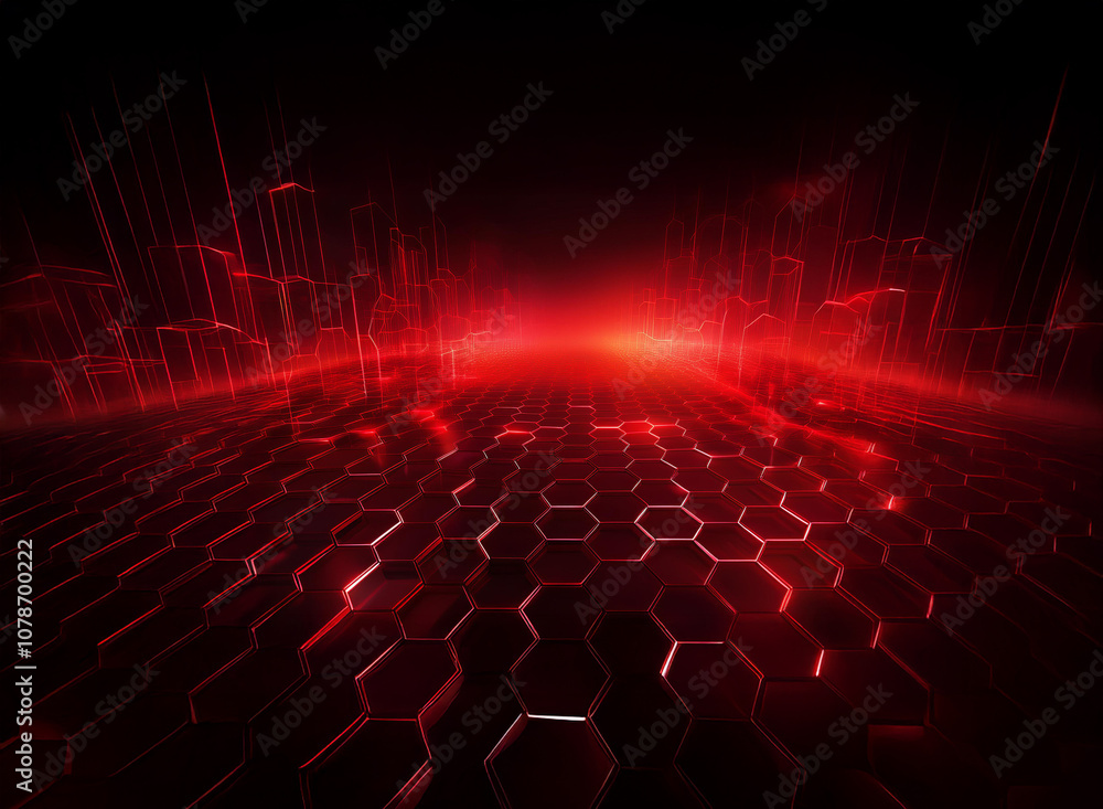 Poster a glowing red cityscape rises from a hexagonal grid, receding into a distant horizon.