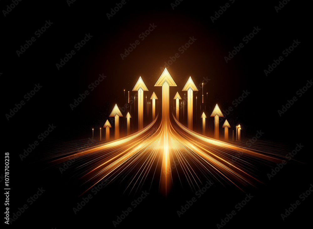 Poster multiple glowing golden arrows point upward on a dark background. the arrows are arranged in a v-sha