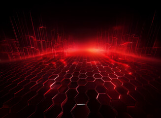 Fototapeta premium A glowing red cityscape rises from a hexagonal grid, receding into a distant horizon.