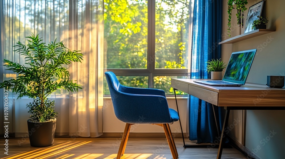 Poster modern home office setup with ergonomic desk chair laptop and coffee cup creating a productive work 