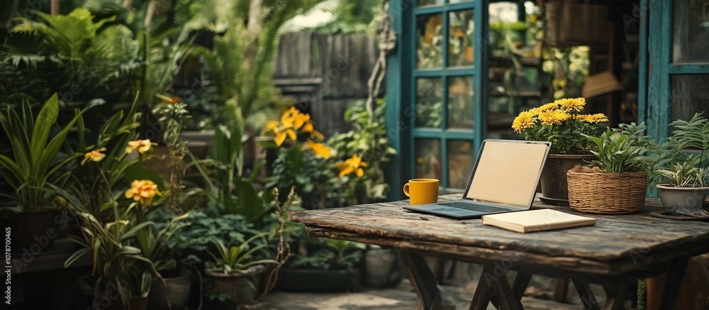 Poster Home office desk with a laptop coffee mug and notebook surrounded by natural light and plants emphasizing a calm and productive atmosphere Teleworking concept with side empty space for text