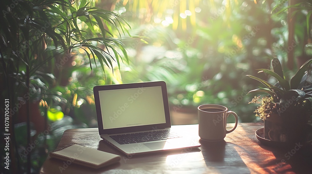Poster Home office desk with a laptop coffee mug and notebook surrounded by natural light and plants emphasizing a calm and productive atmosphere Teleworking concept with side empty space for text