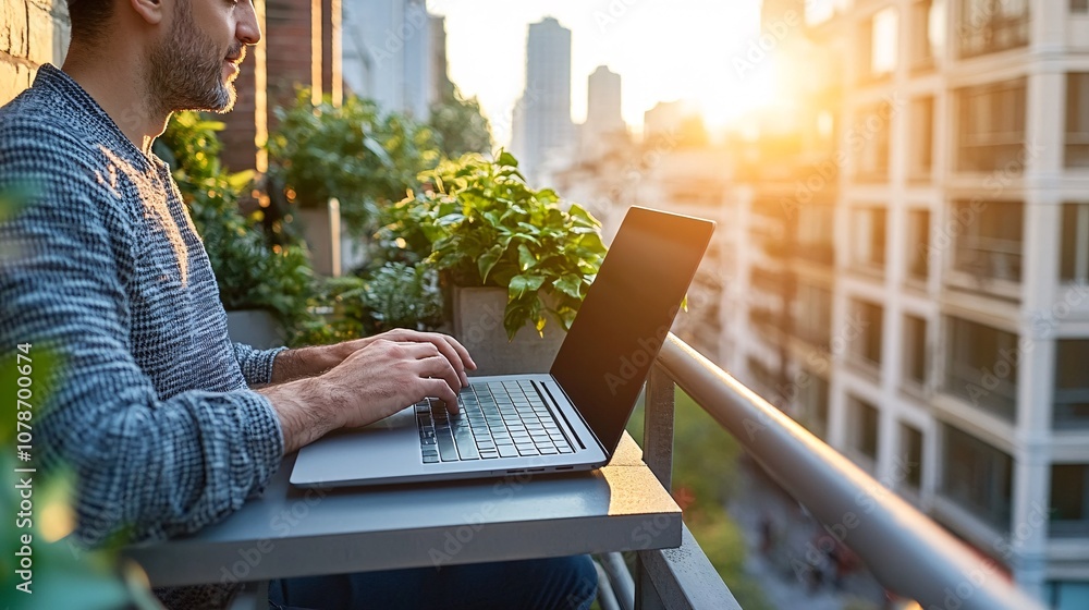 Poster Person typing on a laptop seated on a small balcony with a picturesque view demonstrating the versatility of remote work locations Teleworking concept with side empty space for text Stockphoto style