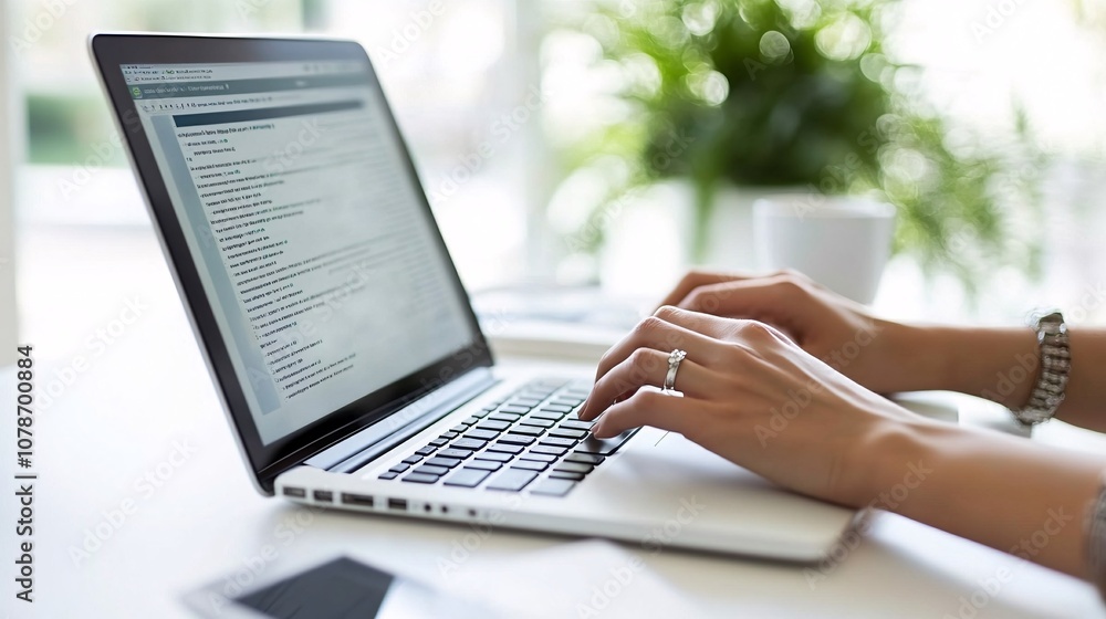 Poster Person engaged in an online presentation with a laptop open on a clean home office desk symbolizing remote professional interactions Teleworking concept with side empty space for text Stockphoto style