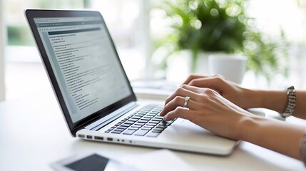 Person engaged in an online presentation with a laptop open on a clean home office desk symbolizing remote professional interactions Teleworking concept with side empty space for text Stockphoto style