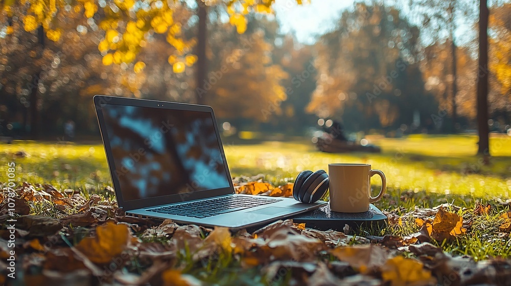 Poster laptop open with wireless headphones and a coffee mug on a small garden table enjoying a natural out