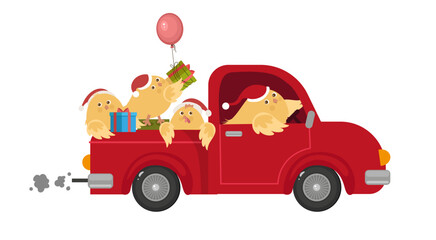 Christmas illustration with cute chickens in Santa hat with red car. Christmas character design 