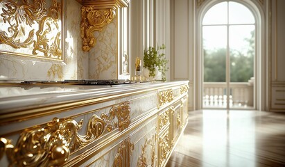AI generator images of kitchen, complete with kitchen equipment,traditional kitchen shimmers with brilliance of golden harvest.Envision meticulous artistry, bespoke detailing, dazzling gold motif 