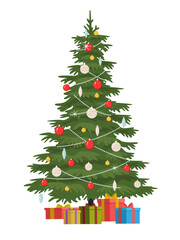 Christmas tree with Christmas balls and presents. 