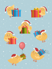 Christmas set with cute little chickens in Santa's hat and presents