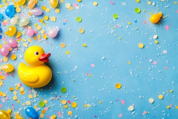 Background with a rubber duck and confetti on a blue background, flat lay, top view, copy space concept for a children's party or birthday invitation card template. National Rubber Ducky Day.