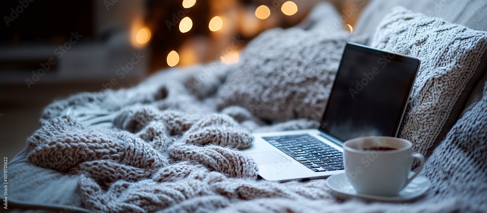 Poster Casual home setup with laptop on a cozy couch surrounded by comfortable pillows representing a laid-back work environment Teleworking concept with side empty space for text Stockphoto style