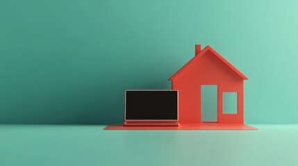 Home office with a red house and laptop, symbolizing the concept of remote work.