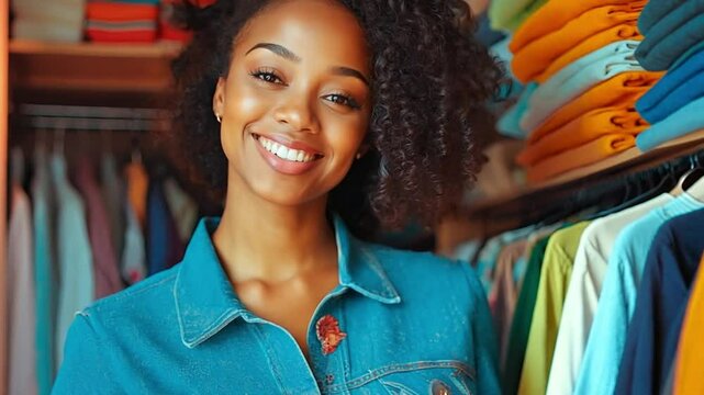 Joyful African American woman standing by a row of neatly folded clothes in a closet. Highlights the satisfaction and happiness that come with organization and fashion.
