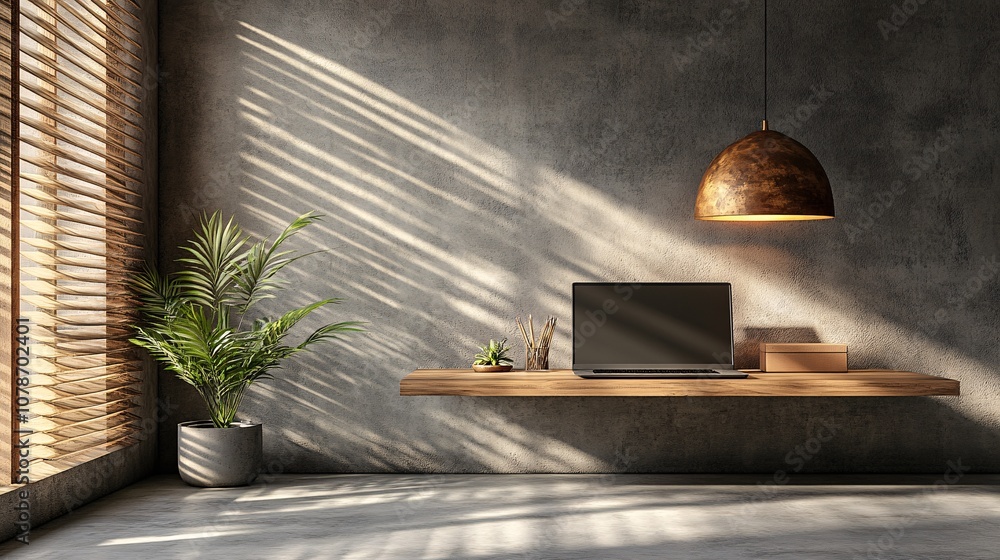 Leinwandbilder Minimalist workspace with a standing desk laptop monitor and essential tools creating an efficient remote office environment Teleworking concept with side empty space for text Stockphoto style