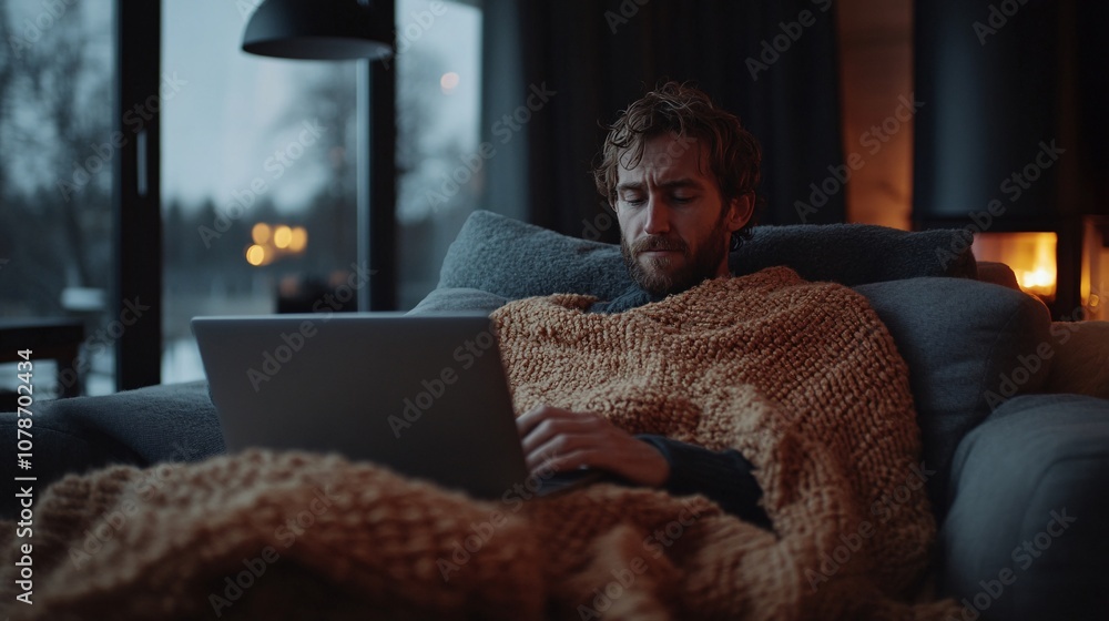 Poster individual focused on a laptop while sitting in a modern living room combining comfort and productiv