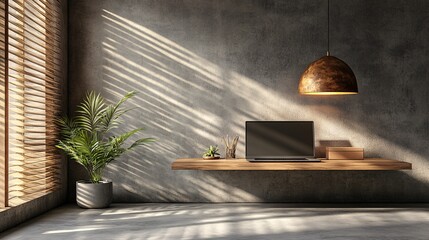 Minimalist workspace with a standing desk laptop monitor and essential tools creating an efficient remote office environment Teleworking concept with side empty space for text Stockphoto style