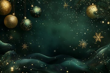 Dark green Christmas background with golden baubles, stars, and snowflakes for a sophisticated greeting card.