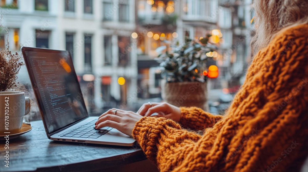 Aufkleber Person working from a laptop at a small cafe table surrounded by cozy ambiance emphasizing flexibility and comfort Teleworking concept with side empty space for text Stockphoto style