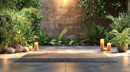 Yoga mat with plants, candles, and healing stones, peaceful natural healing space, 3D illustration