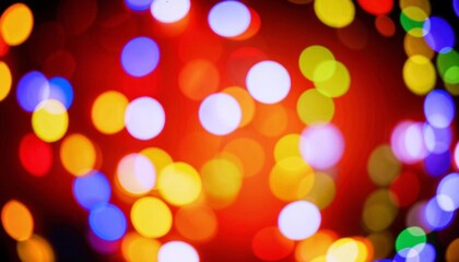 Fototapeta premium A vibrant bokeh effect with colorful, out-of-focus lights in red, blue, purple, and white hues, creating a festive atmosphere. AI generated. 