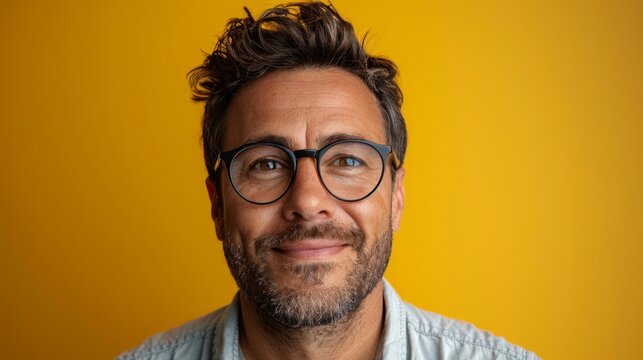 A smiling man with glasses poses against a vibrant yellow background in a casual setting