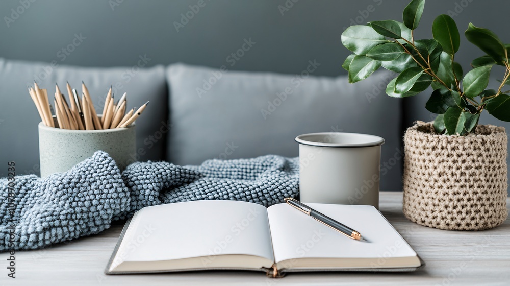 Poster Home workspace with personal items and minimal decor creating an organized and inviting teleworking environment Teleworking concept with side empty space for text Stockphoto style