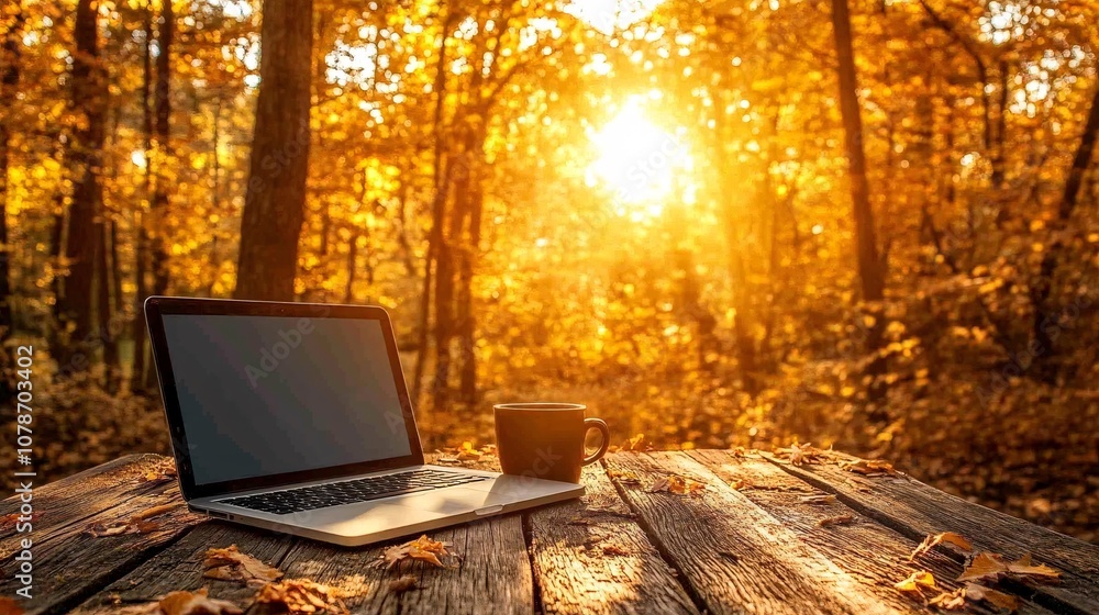Poster Laptop on a clean wooden desk with a notebook coffee cup and sunlight streaming in creating a productive home office atmosphere Teleworking concept with side empty space for text Stockphoto style