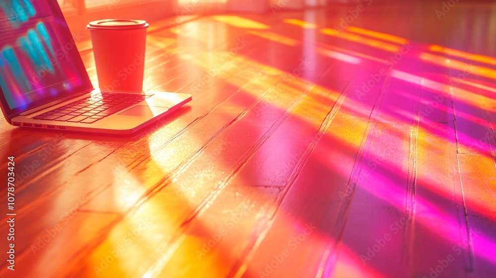 Poster Laptop on a clean wooden desk with a notebook coffee cup and sunlight streaming in creating a productive home office atmosphere Teleworking concept with side empty space for text Stockphoto style