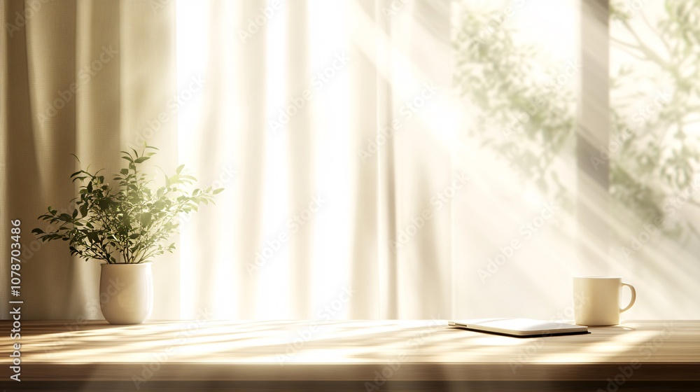 Poster Laptop on a clean wooden desk with a notebook coffee cup and sunlight streaming in creating a productive home office atmosphere Teleworking concept with side empty space for text Stockphoto style