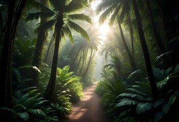A lush, green tropical rainforest with a winding dirt path leading through the dense foliage