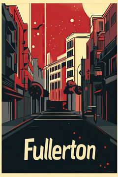 Fullerton, modern vintage travel poster, wallpaper, background, banner, backdrop, retro card print. Graphic designed, sleek. Dark, red, blue, white, black