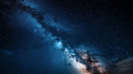 Fototapeta premium A stunning view of the Milky Way galaxy with dense star clusters and bright celestial objects in a deep blue night sky.