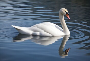 Obraz premium A swan swimming on a calm blue lake with rippling water
