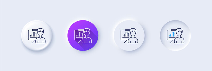 Presentation board line icon. Neumorphic, Purple gradient, 3d pin buttons. Column graph sign. Growth diagram symbol. Line icons. Neumorphic buttons with outline signs. Vector