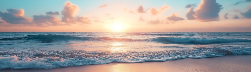 Fototapeta premium Ocean Waves Crashing on Sandy Beach at Sunset - Photo