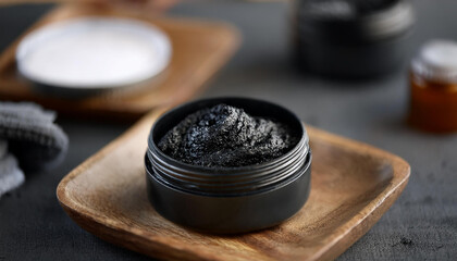 Jar of charcoal scrub in jar. Natural cosmetic product. Beauty and skincare routine concept.