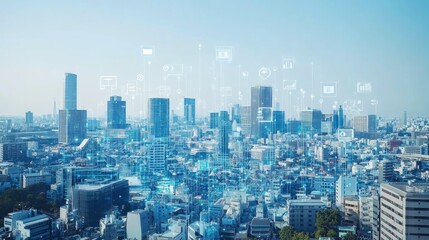 Obraz premium Modern city skyline with digital icons representing technology, innovation, and progress.