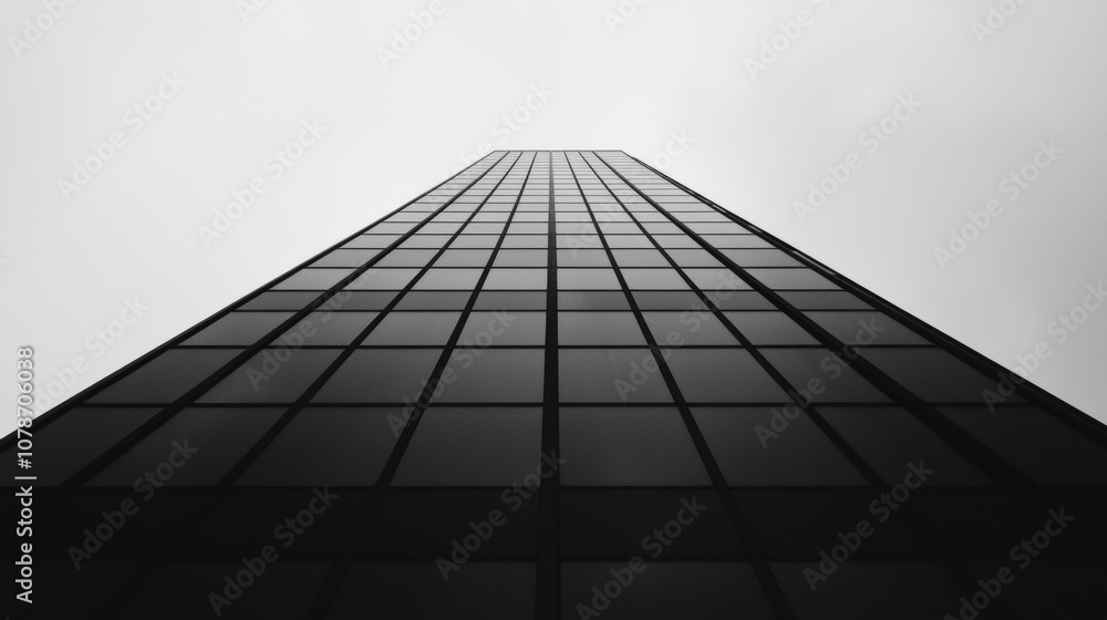 Poster a tall building with a lot of windows and a gray sky in the background