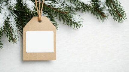 Christmas mockup preview, A rustic gift tag hangs from a snowy pine branch, perfect for holiday decorating and personalizing seasonal gifts.