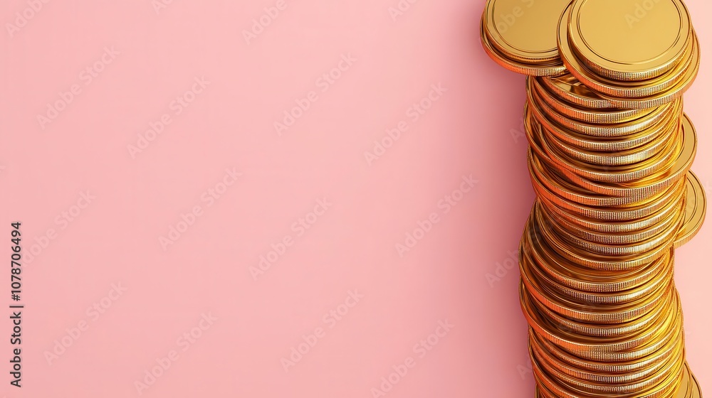 Poster a stack of shiny gold coins resting on a soft pink background, creating a striking contrast that evo
