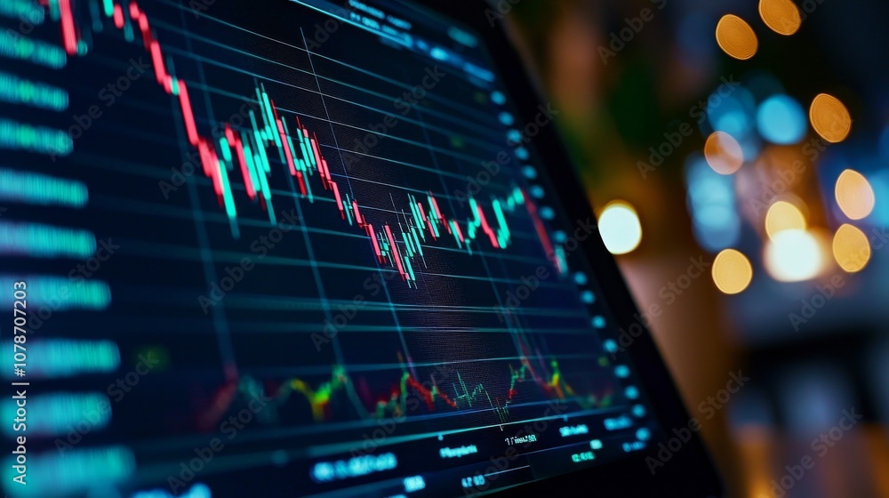 Poster a close-up view of a stock market chart displaying fluctuating prices, illuminated against a blurred